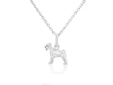 Sterling silver pendant in the shape of a Schnauzer dog, accompanied by an adjustable sterling silver chain and a velvet gift pouch.